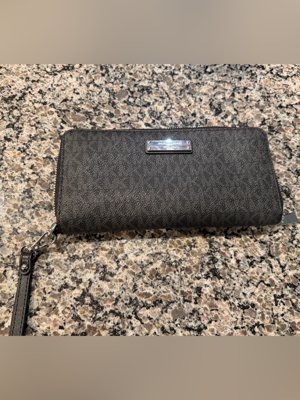 Michael Kors Black Pebbled Leather Wristlet with Silver Plate